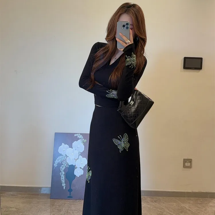 法式休闲风时尚套装女显瘦上衣高腰半身裙烫钻复古气质两件套8065