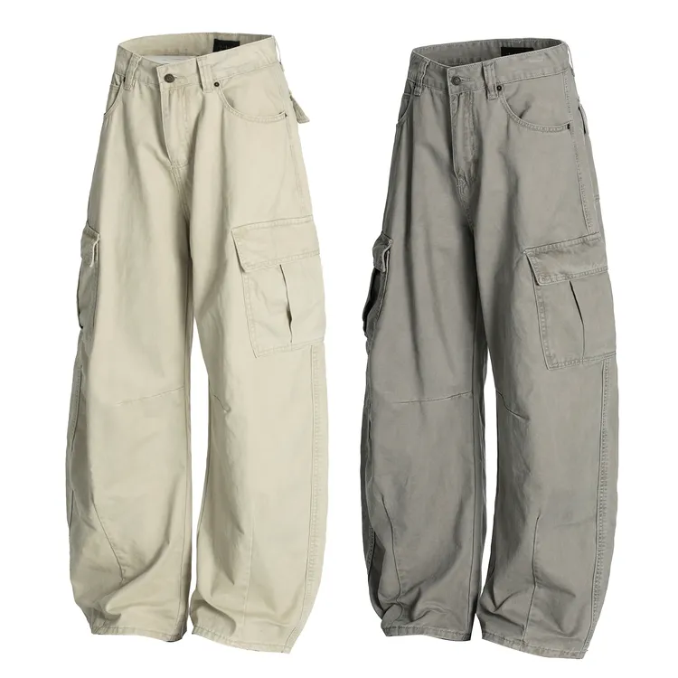 美式复古微弯刀工装裤灰卡其宽松阔腿大口袋休闲长裤男女街头3533
