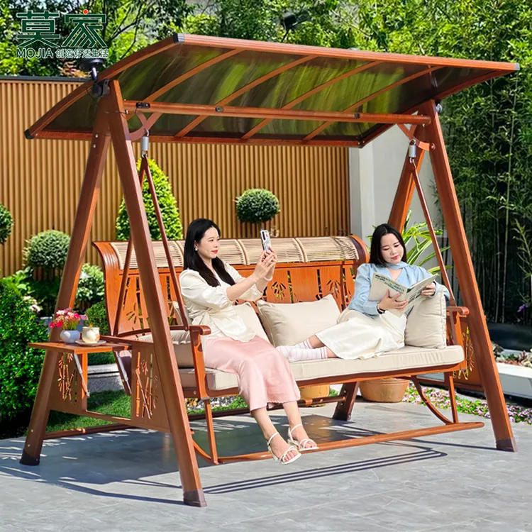 【莫家品牌】高端庭院户外秋千铝合金仿木纹中式带灯秋千花园露台
