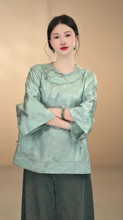 「冰蓝太太服」中国风网红圆领薄款唐装汉服圆领斜襟休闲宽松长袖