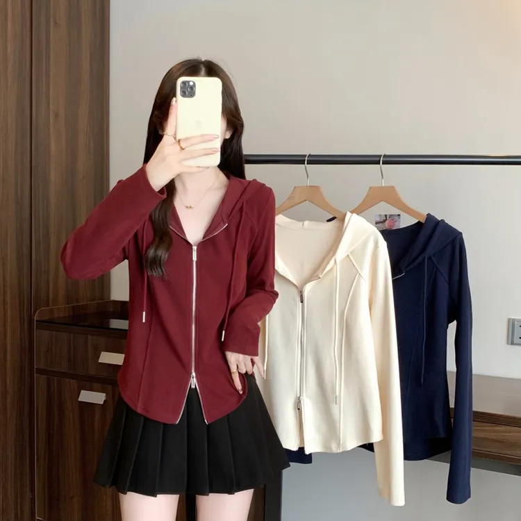 2025秋新款胖mm大码双拉链连帽卫衣百搭显瘦遮肉收腰鱼骨设计上衣