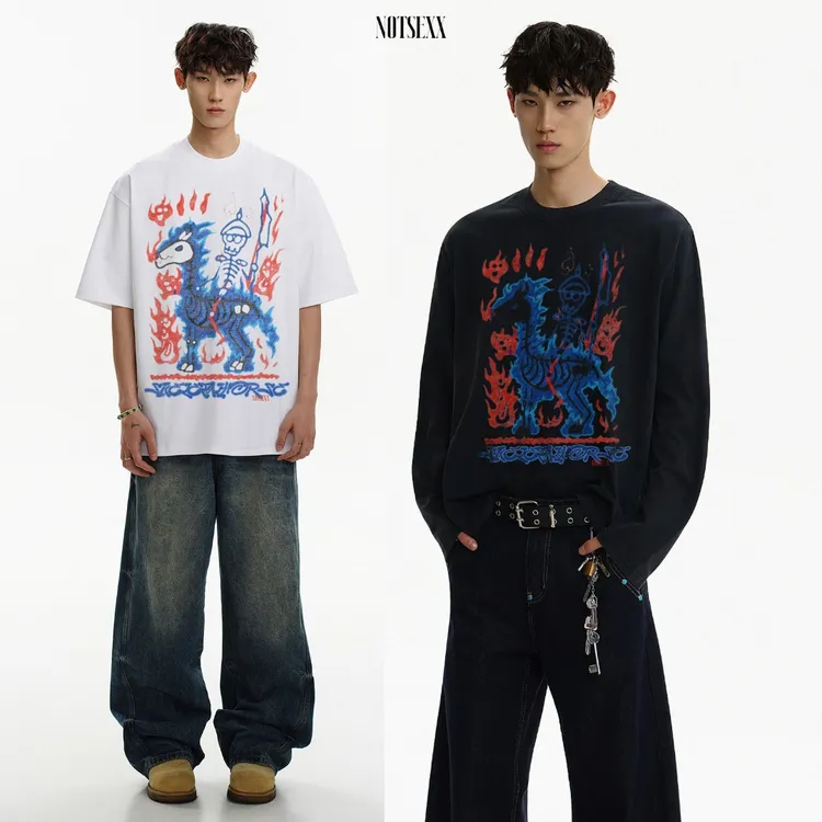 notsexx“手绘骷髅马“直喷水洗正肩短宽boxy短袖t恤长袖男美式26ss