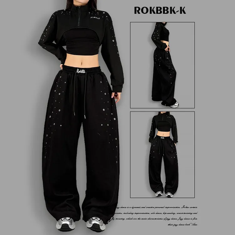 ROKBBK－K/布韩酷感烫钻黑色阔腿裤女宽松显瘦抽绳束脚休闲长裤