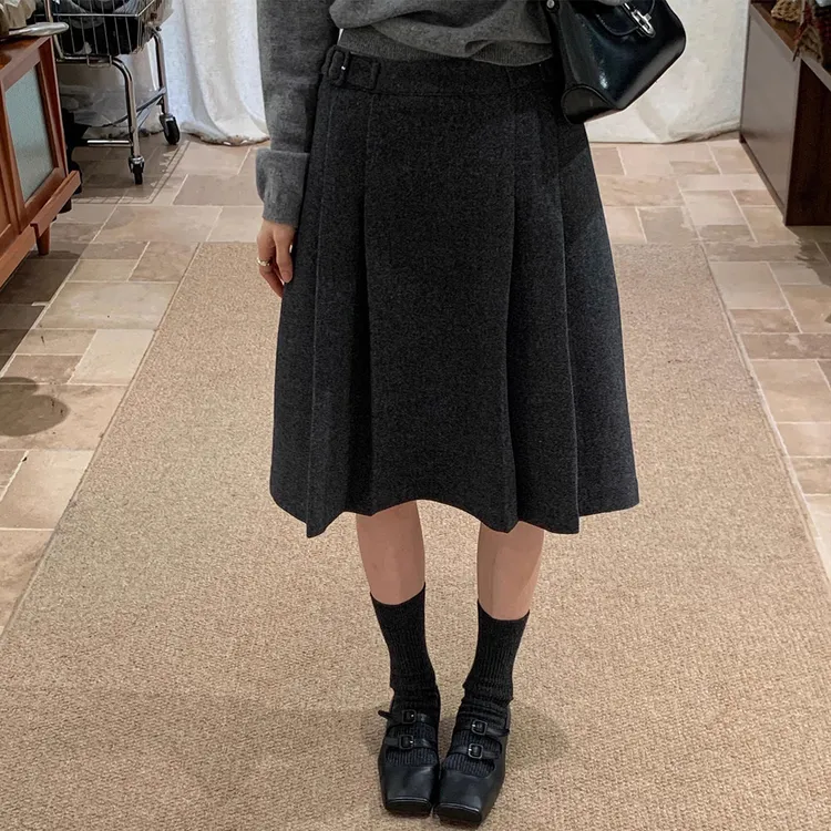 灰色百褶毛呢半身裙女2025年秋冬季新款韩系高腰显瘦百搭中裙子