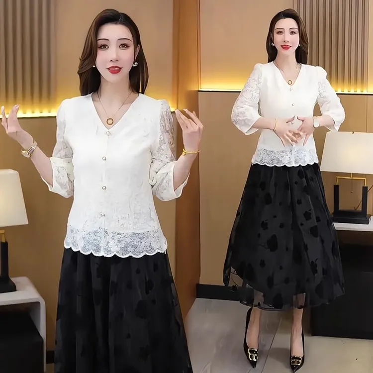 时尚套裙女2025春夏新款洋气V领显瘦蕾丝衫上衣网纱半身裙两件套