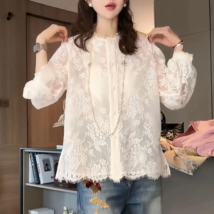 新中式国风女装打底衫内搭上衣2026春秋新款刺绣蕾丝衬衫白色衬衣