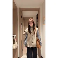 【画廊女孩】百搭南瓜型开衫针织马甲+甜美花边格纹衬衫22681#