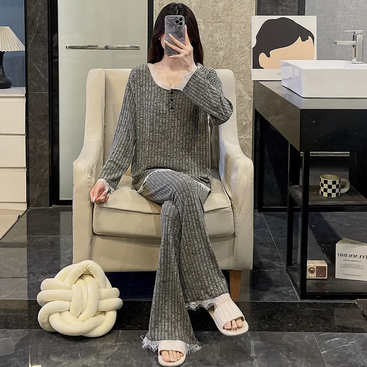 羊毛绒睡衣女秋冬季加厚保暖灰色ins风休闲小个子新款家居服套装