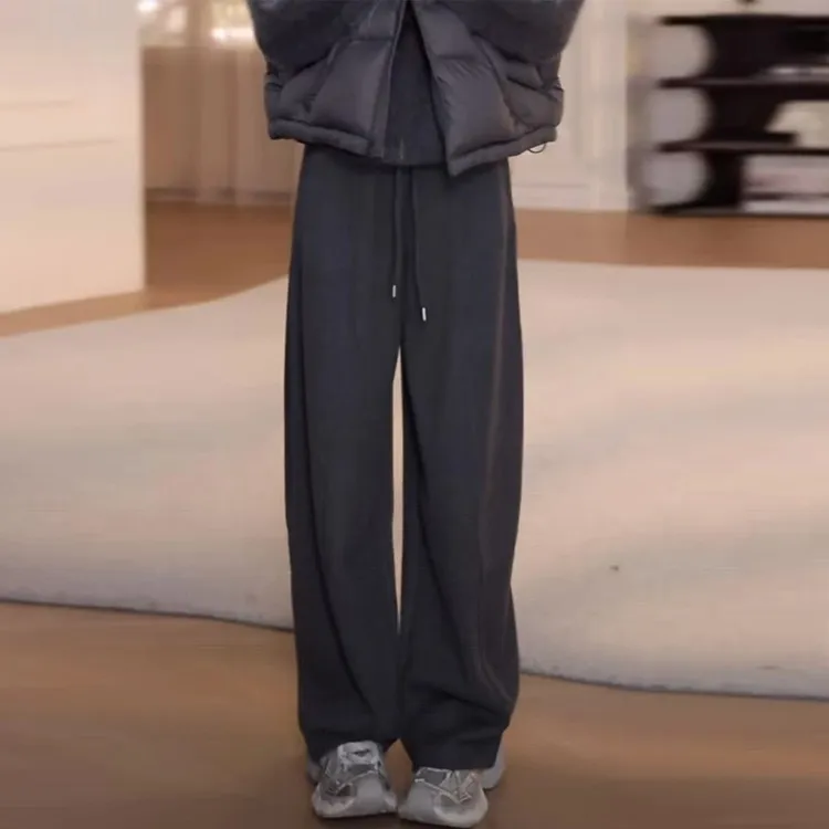 欧洲站加绒抽绳卫裤女秋冬2025新款宽松高腰显瘦休闲直筒阔腿长裤