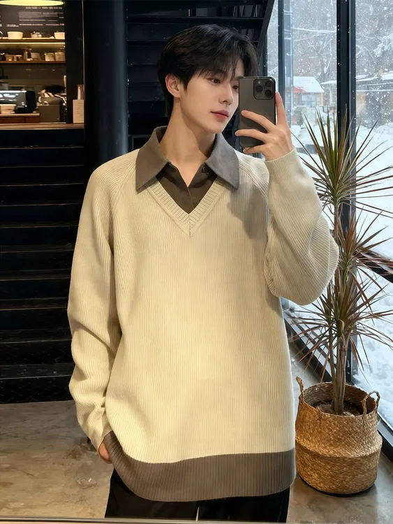 Beauline拼接长袖针织假两件秋冬季针织衫毛衣打底衫V领男女士