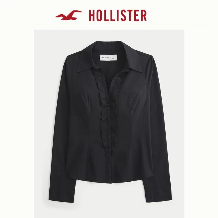 Hollister25秋冬新款Y2K府绸修身荷叶边系带衬衫女装340-5483
