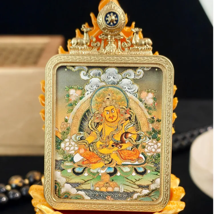 手绘西藏真品黄财神唐卡铜外壳吊坠