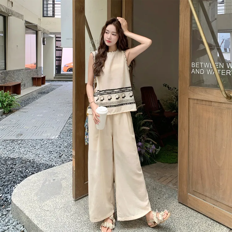 设计感气质刺绣无袖背心上衣阔腿裤套装两件套女夏季韩系大方得体