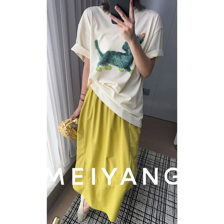 美洋MEIYANG 海报二号T恤 休闲宽松圆领晕染印花短袖上衣
