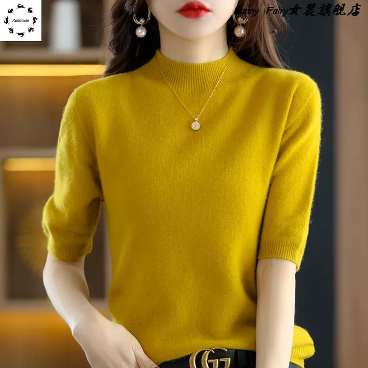 100%纯羊毛衫女半高领五分袖纯色短袖女针织衫中袖羊绒打底衫上衣