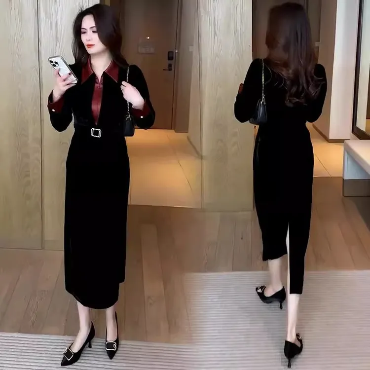 时尚假两件连衣裙女春季新款洋气质收腰显瘦衬衫领拼接中长款裙子