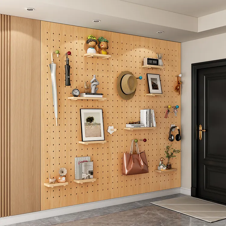  木纹色玄关洞洞板置物架木质展示收纳墙云朵收纳架墙上挂衣架