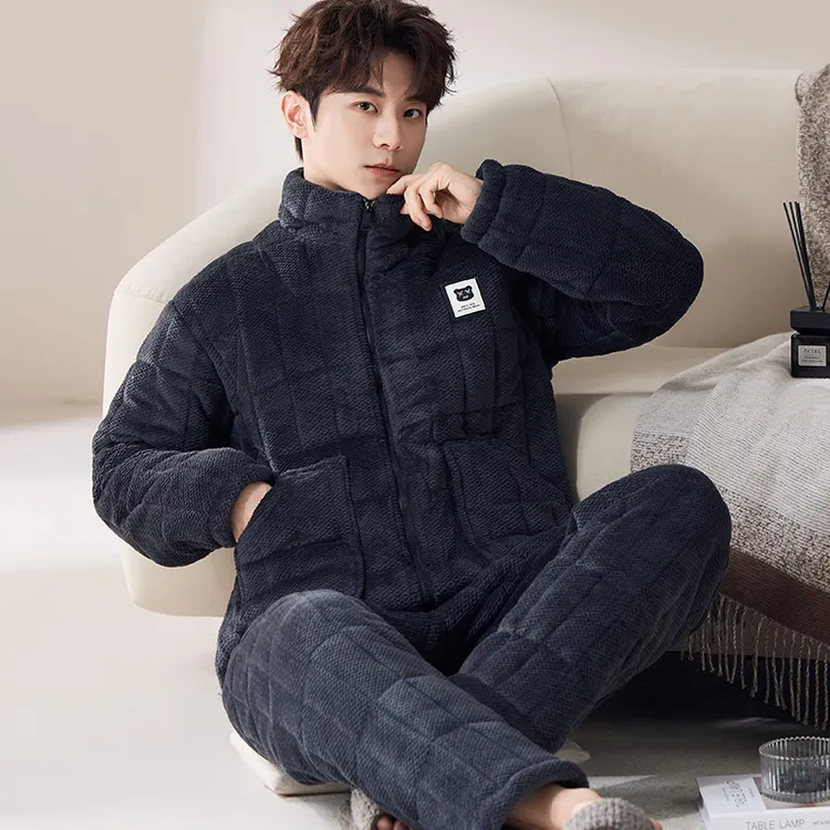 男士冬季加绒加厚拉链款家居服套装新款保暖厚款棉服三层夹棉睡衣