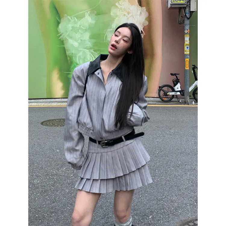 秋季新款辣妹风韩版撞色翻领短外套女复古设计感双层百褶短裙套装