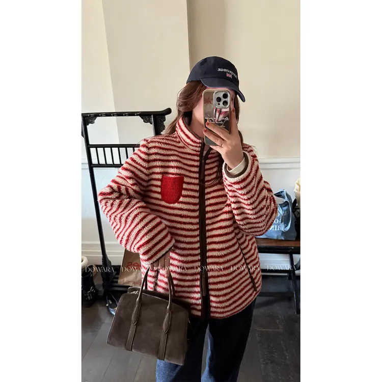 大婉酱微胖定制【乐园暖波】加厚拼接摇粒绒条纹立领外套 1426D