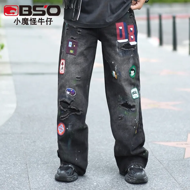 小魔怪美式高街徽章绣标破洞牛仔裤男宽松直筒潮牌阔腿裤长裤子男