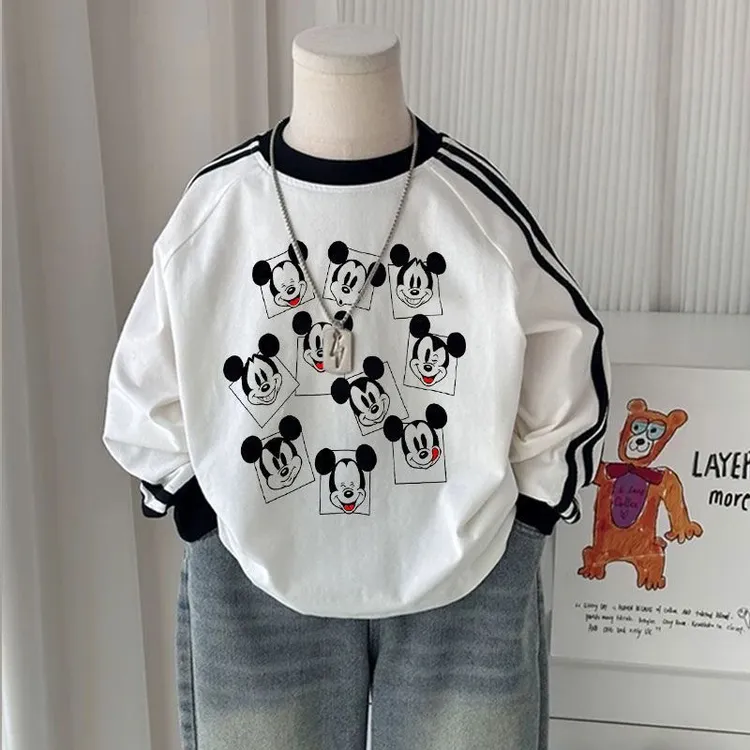 儿童潮牌T恤2025春男女童印花米长袖打底衫宝宝撞色休闲上衣潮流t