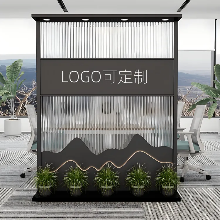 公司铁艺隔断免打孔可移动屏风办公室进门玄关Logo形象背景墙装饰