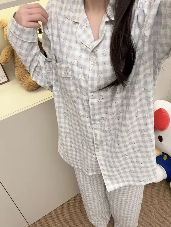 可爱ins风格子卡通凯蒂猫睡衣女春秋新款长袖长裤可外穿家居服