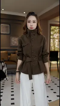 思思小个子女装【秋季新款中古风时尚立领短款收腰绑带上衣】25L036