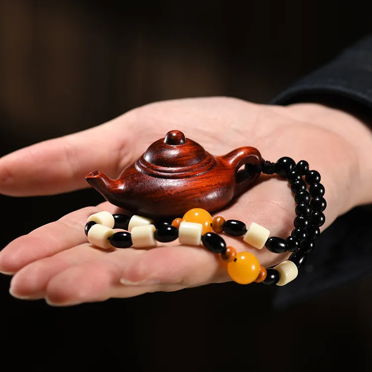紫檀木雕木制手把件紫砂茶壶麻将把把壶手把件把把壶车挂件中式