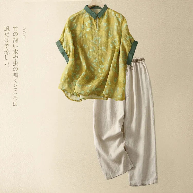 高端亚麻套装女士妈妈夏装大码时尚百搭洋气苎麻上衣阔腿裤两件套