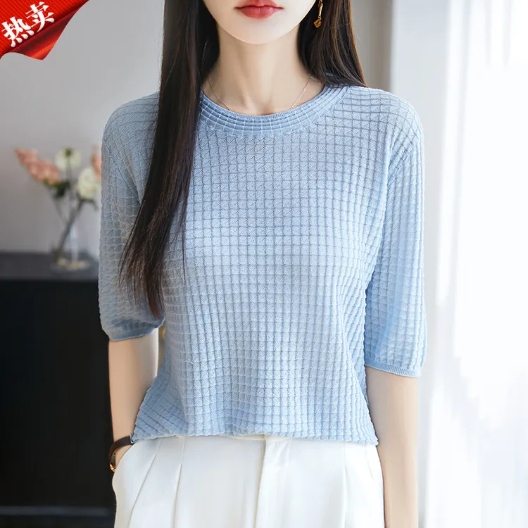 哥弟阿玛施正品新款华夫格短袖针织衫夏季薄款通勤百搭简约上衣女