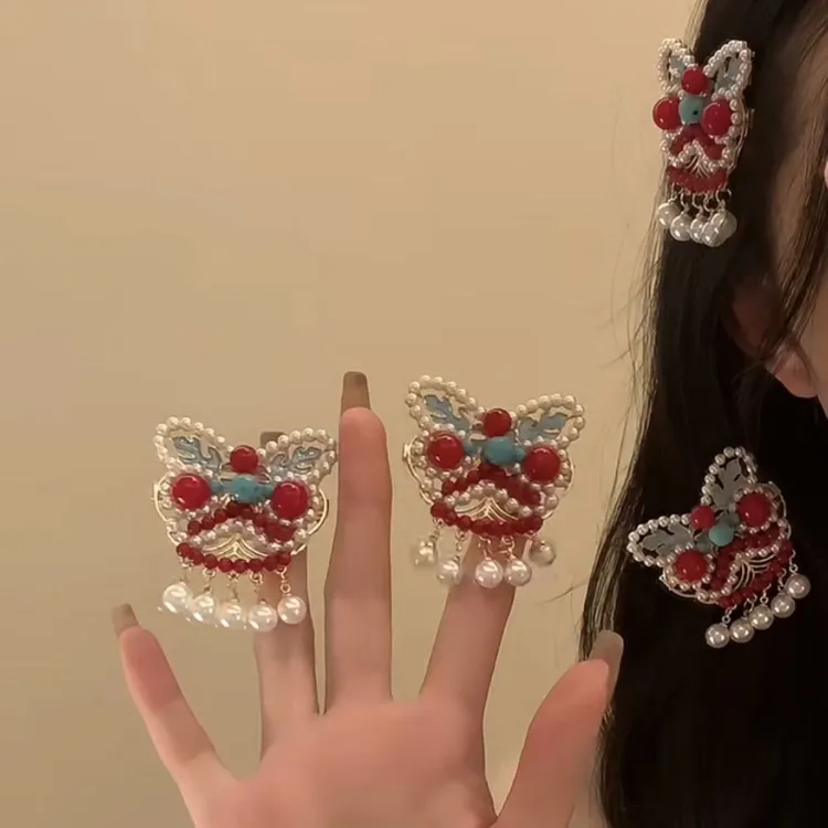 醒狮发夹女古风汉服头饰配饰醒狮精致小边侧边夹流苏中国夹子发饰