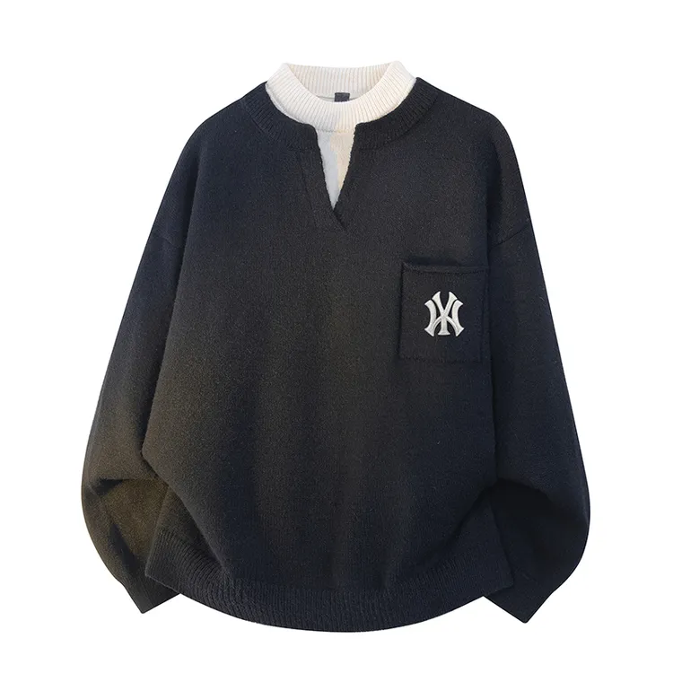 DeweLvum潮牌时尚休闲百搭宽松慵懒风假两件圆领针织毛衣上衣男士