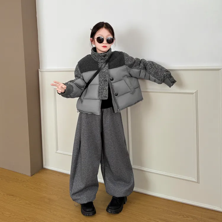 女童2025新款秋冬时尚韩版休闲风保暖棉服加绒百搭阔腿休闲裤套装