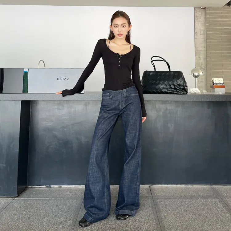 KRO初秋新款美式复古原色低腰牛仔裤女休闲裤阔腿直筒裤长裤子