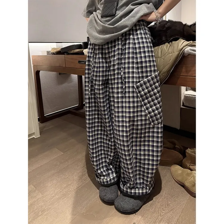 美式复古格子弯刀裤女秋冬季高腰抽绳宽松大口袋阔腿裤加绒长裤子