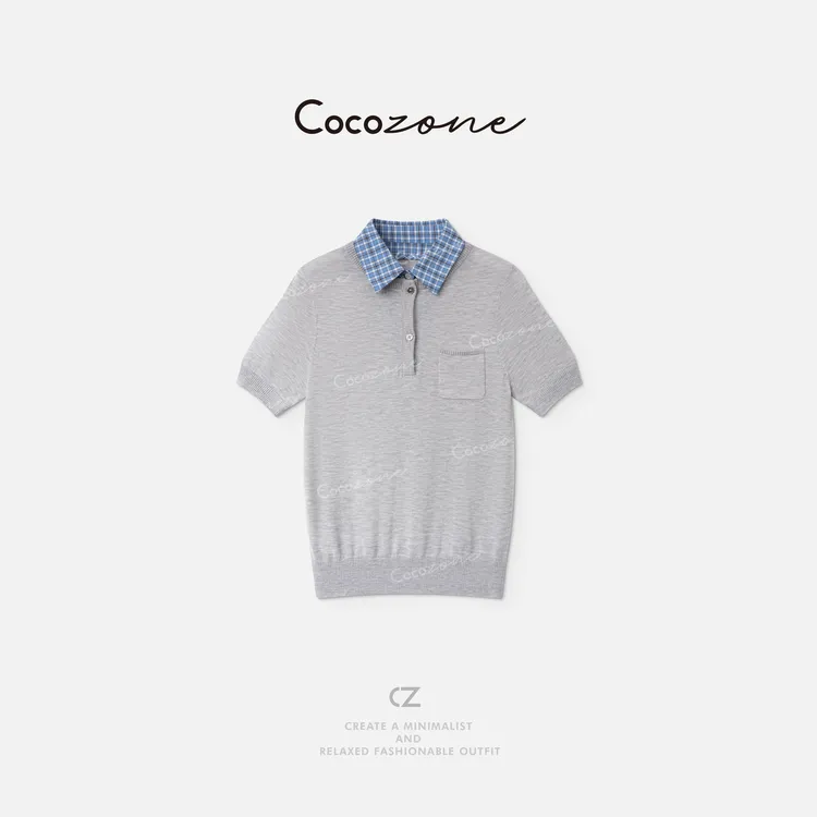 COCO ZONE 刘一一【莱赛尔混纺】格子翻领简约毛织上衣 CD1A1218
