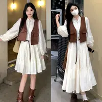 C-9681大码秋季新款显瘦波西米亚长裙+马甲时尚套装
