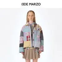 13DE MARZO男女同款 2025秋冬新款拼格绗缝棉服短款翻领上衣外套