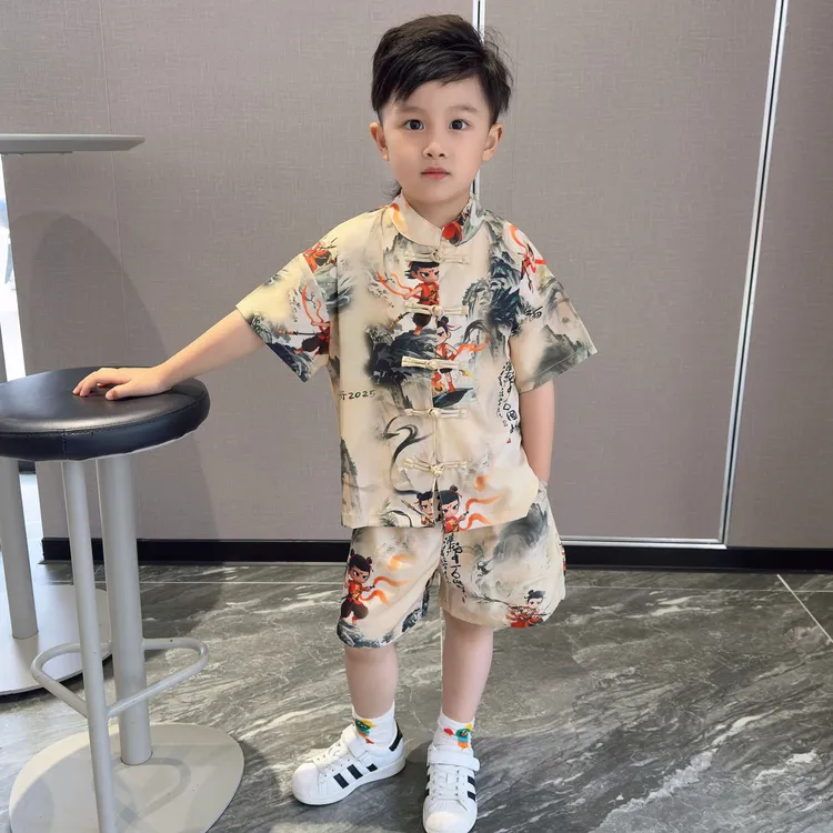 哪吒衣服儿童夏季套装2025新款男童汉服夏装中式短袖唐装表演服潮