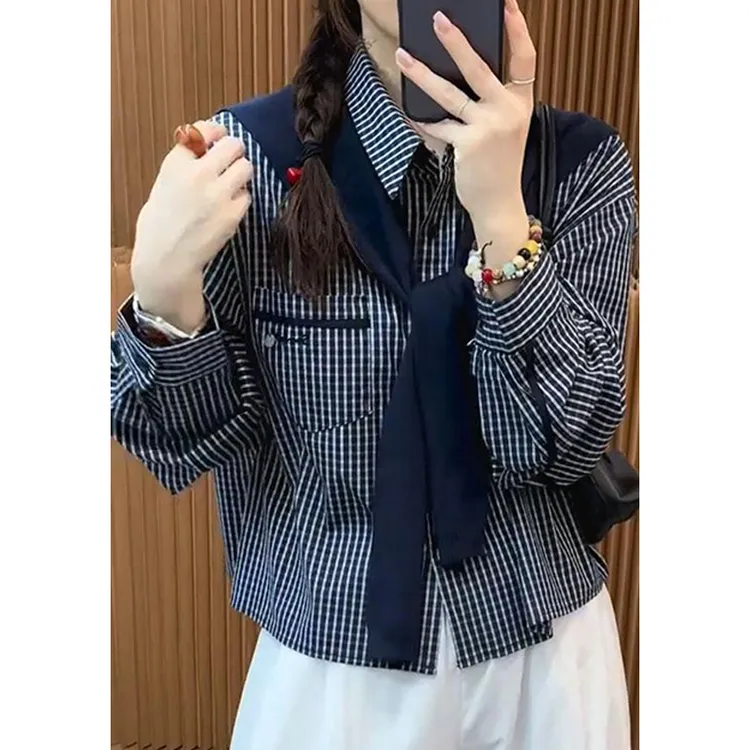 百搭翻领配披肩长袖衬衫女2025秋单排扣格子上衣小众设计感穿搭