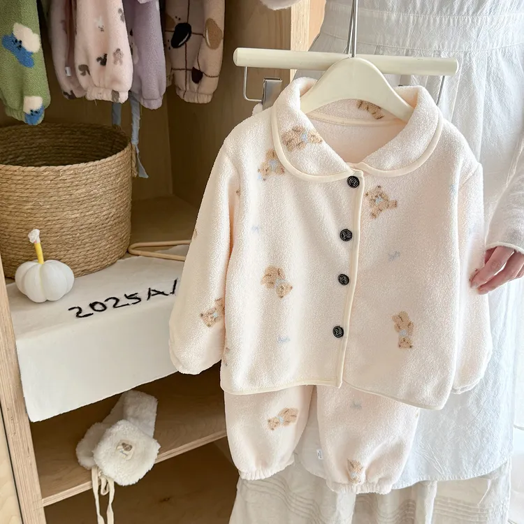 儿童绒家居服加厚宝宝睡衣秋冬季天开衫两件套男女中小童长袖套装