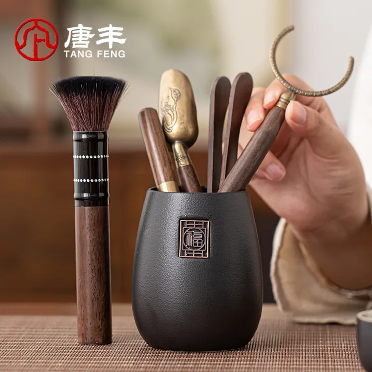 唐丰黑檀木黑陶茶道六君子套装家用功夫茶具配件茶道六君子茶具
