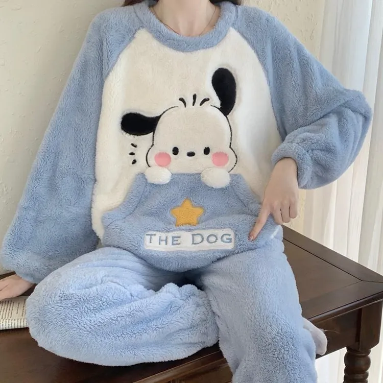 FAVMARTHA小狗睡衣女冬季珊瑚绒加厚加绒法兰绒家居服套装2025新