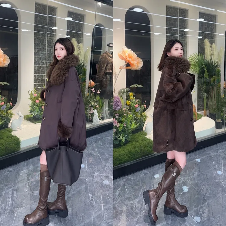 【冬之恋】女士破价真毛兔毛派克服时尚皮毛一体网红黑色