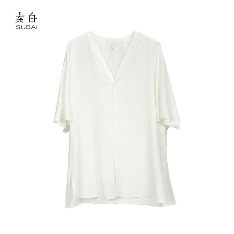 素白银赛尔【小白花】S01576凉爽老钱风百搭短袖提花V领衬衫开衫