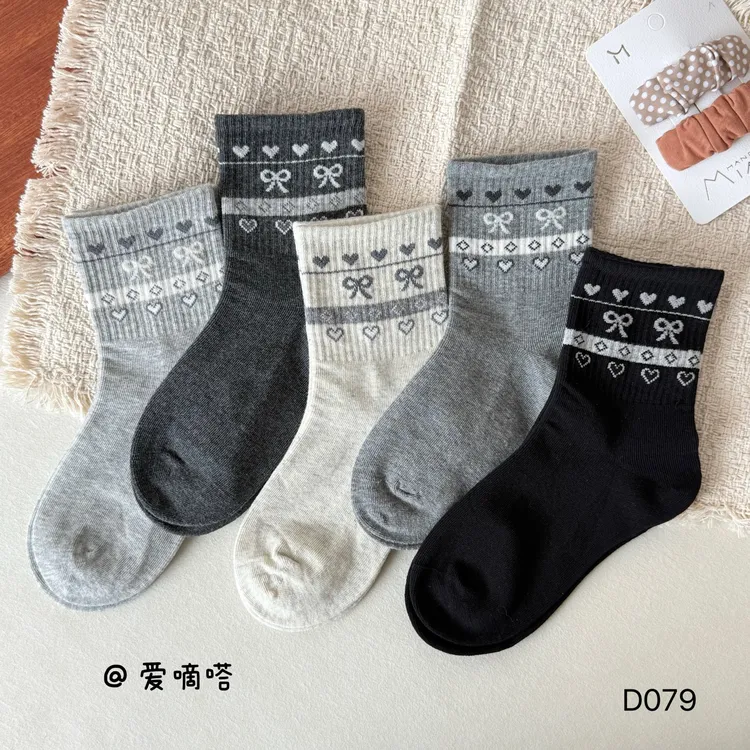 爱嘀嗒儿童袜子费尔岛冬季厚款棉袜蝴蝶结爱心女童学生保暖棉袜