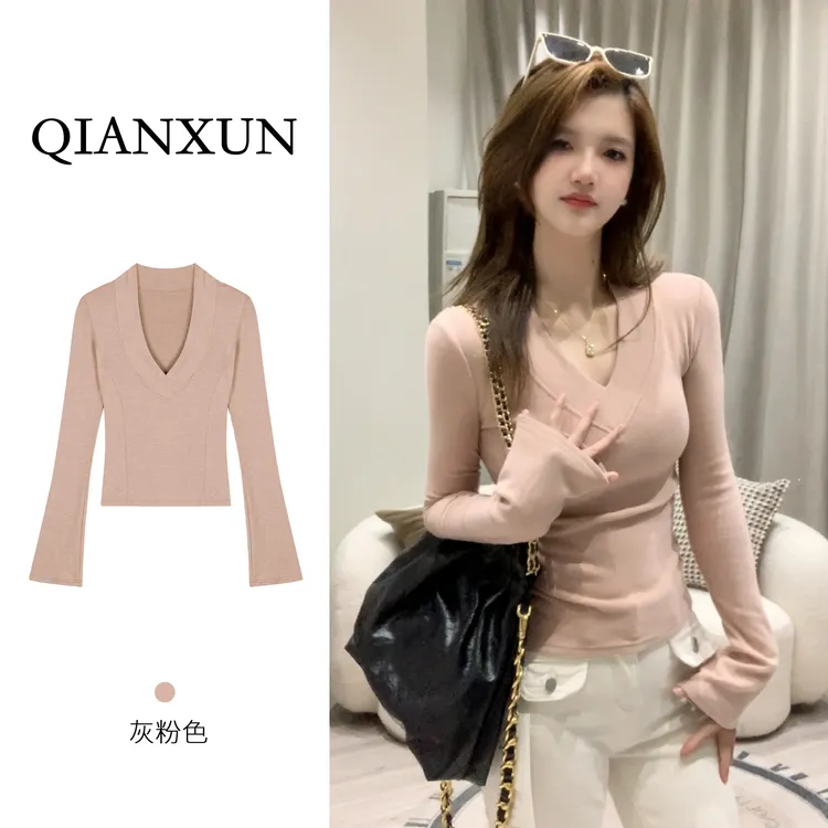千寻家 秋冬磨毛加厚v领内搭长袖女新款气质简约通勤打底衫100
