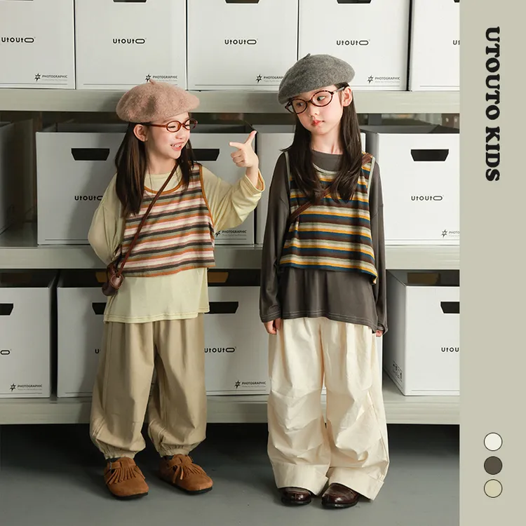 utouto大耳象女童纯色T恤条纹背心2025秋季新款叠穿上衣2501136